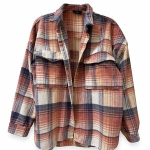 Vici Plaid Utility Shacket in Rust, Navy & Cream
